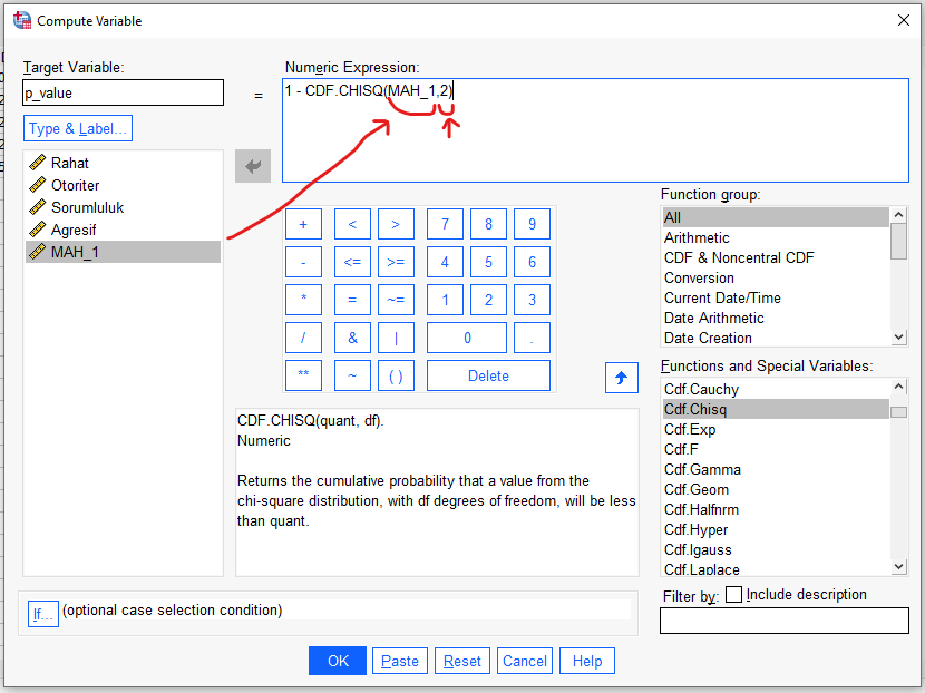 mahalanobis distance spss p değeri hesaplama ki kare fonksiyonu ile
